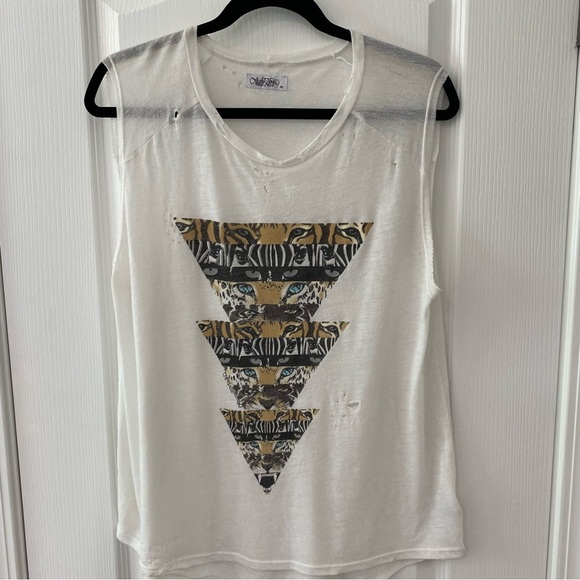 Lauren Moshi white tank with animal print eyes triangular graphic - Picture 1 of 5